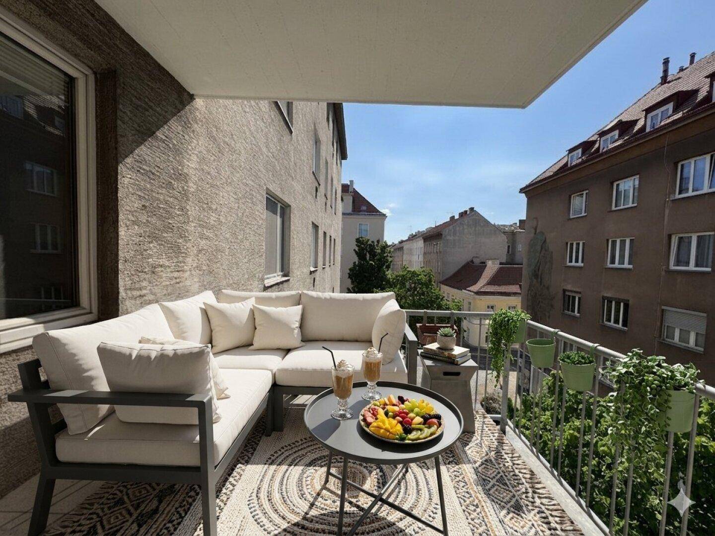 Gemütlicher Balkon mit modernen Outdoor-Möbeln und Blick auf die umliegenden Stadtgebäude.