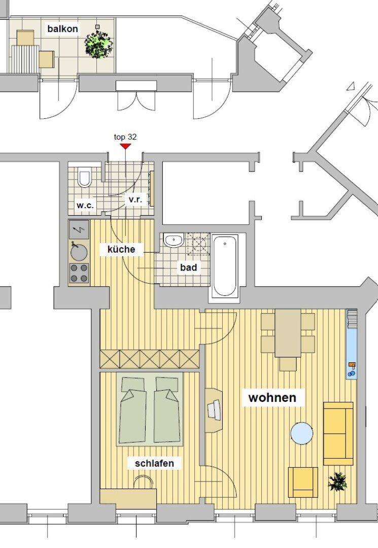 Grundriss zeigt die Aufteilung der Wohnung mit Wohn-, Schlafzimmer, Küche und Bad.