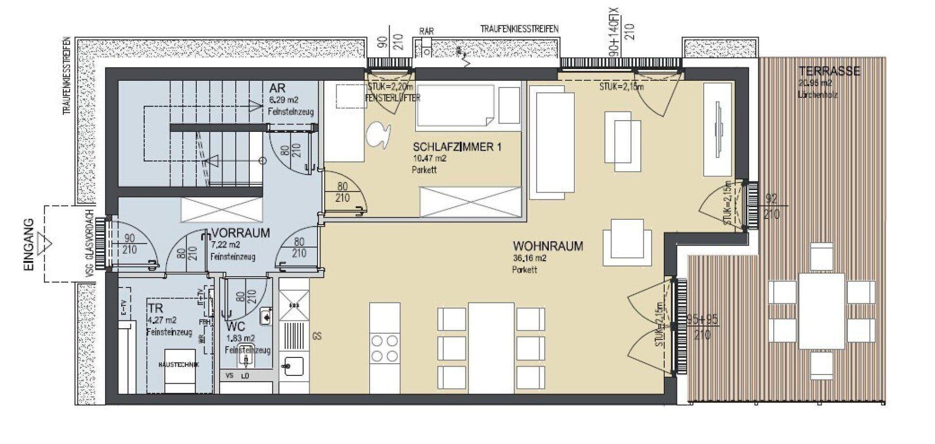 Detaillierter Grundriss des Erdgeschosses mit Wohnraum, Küche und Terrasse.