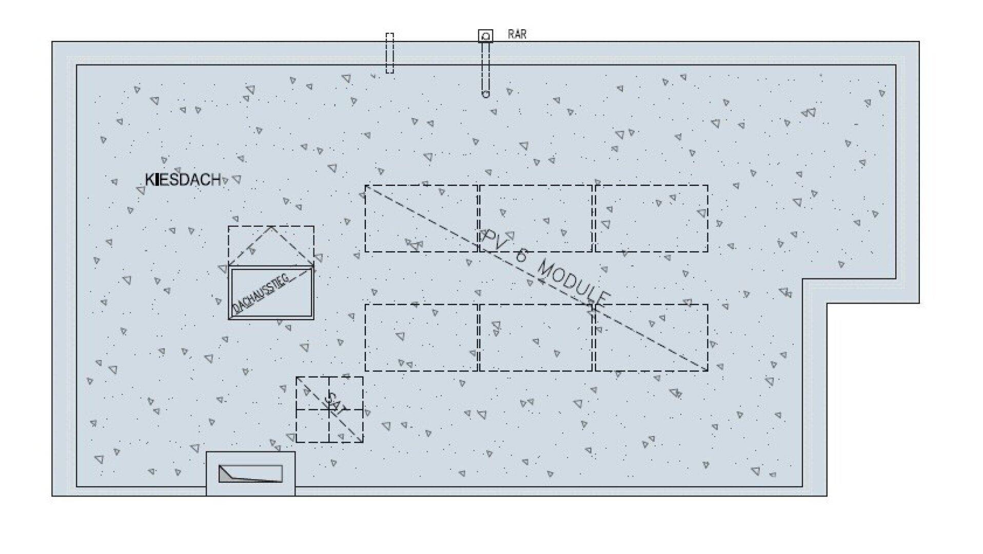 Dachaufsicht mit Kiesdach und eingezeichneten Photovoltaik-Modulen.