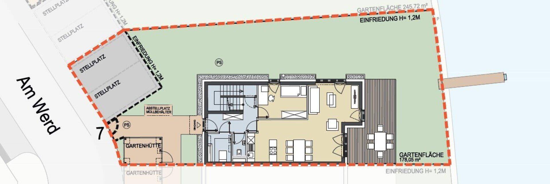 Grundriss des Erdgeschosses mit Terrasse, Garten und Stellplätzen.