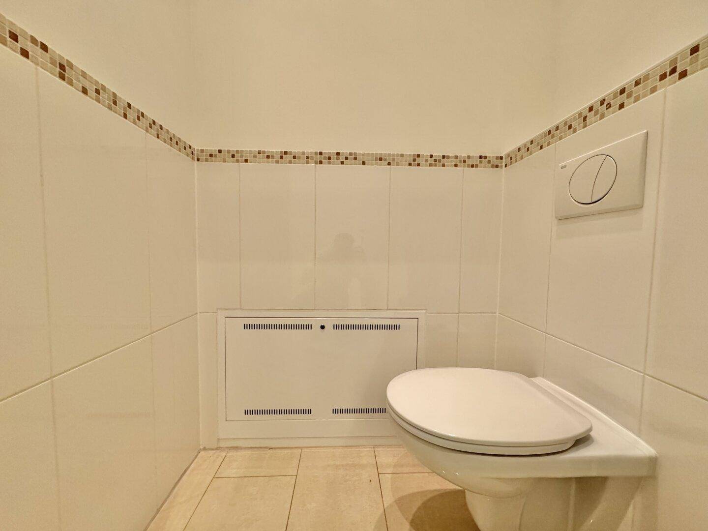 Separates WC mit wandhängender Toilette und Fliesen, praktisch für Gäste.