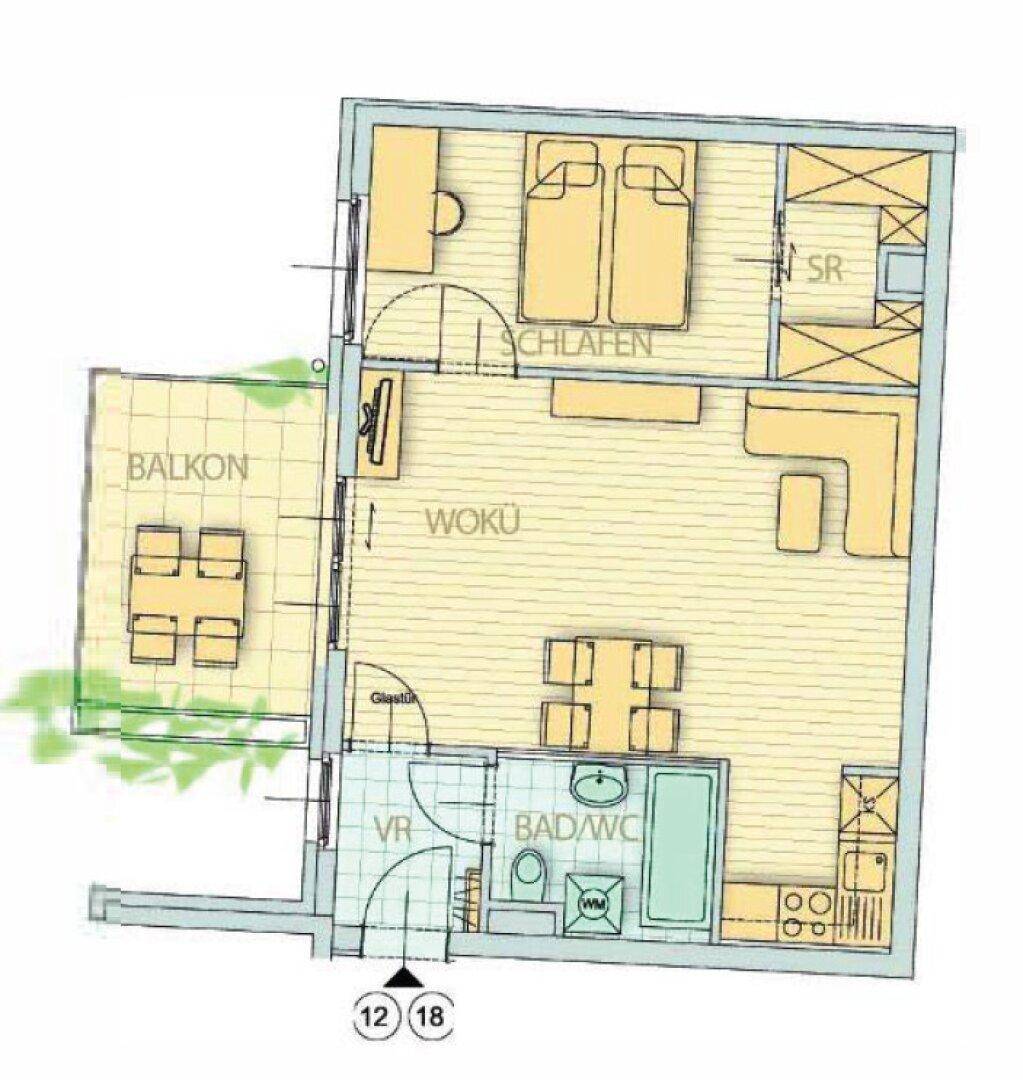 Detaillierter Grundriss einer Wohnung mit Schlafzimmer, Wohnküche und Balkon.