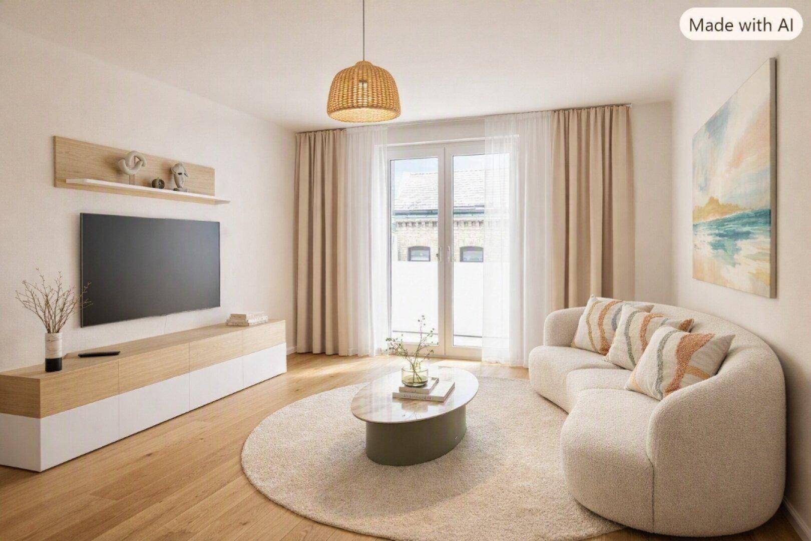 Gemütliches Wohnzimmer mit Holzboden, modernem Sofa und Zugang zu einem Balkon.