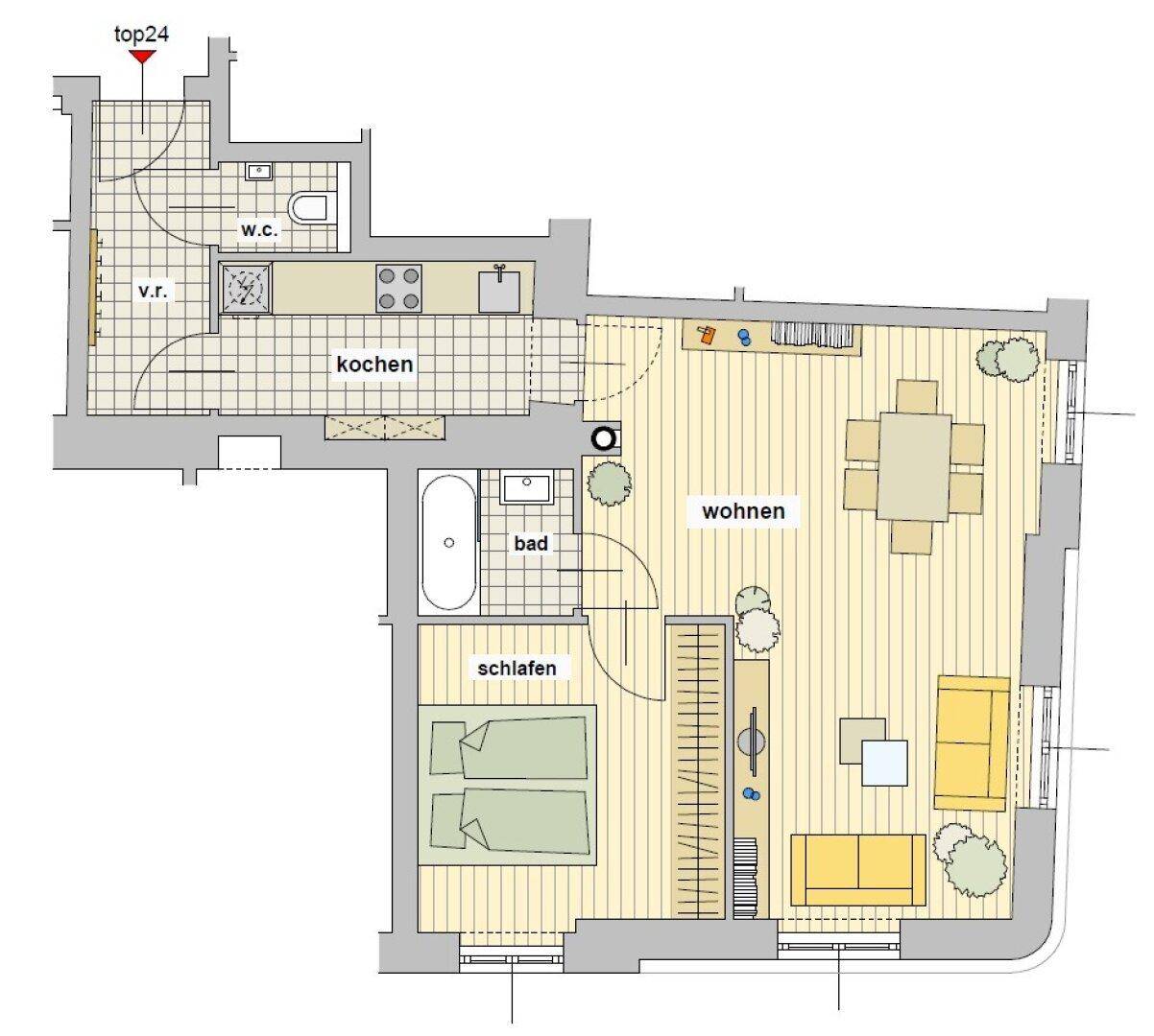 Grundriss der Wohnung mit Wohn-, Schlafzimmer, Küche und Bad.