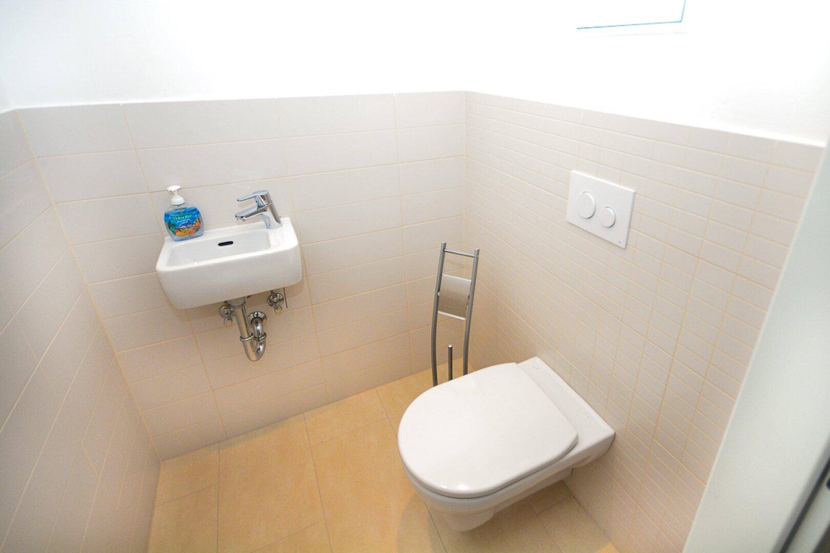 Kleines Gäste-WC mit wandhängender Toilette und kompaktem Waschbecken.