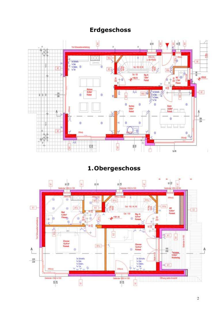 Grundrisse des Erdgeschosses und 1. Obergeschosses mit detaillierter Raumaufteilung.