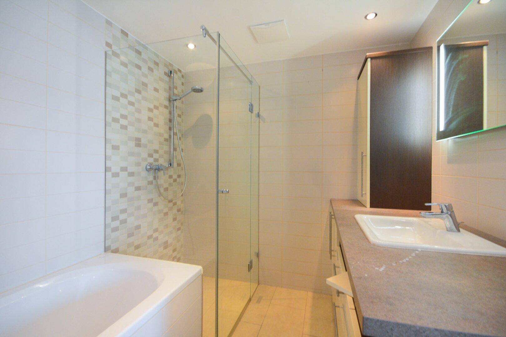 Modernes Badezimmer mit Badewanne, Duschkabine und Einzelwaschbecken.