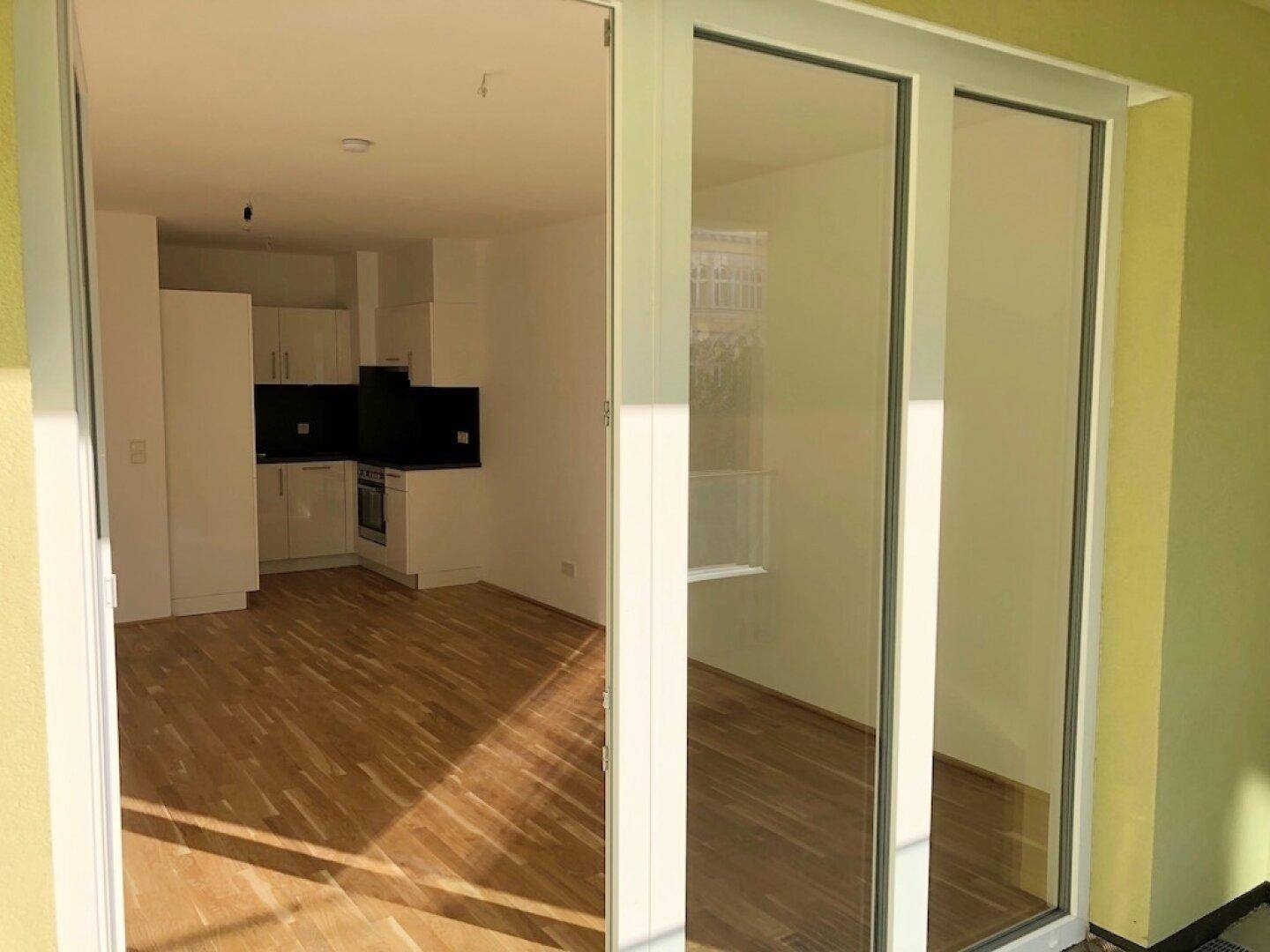 Blick vom Balkon in den offenen Wohnbereich mit Parkettboden und integrierter Küchenzeile.