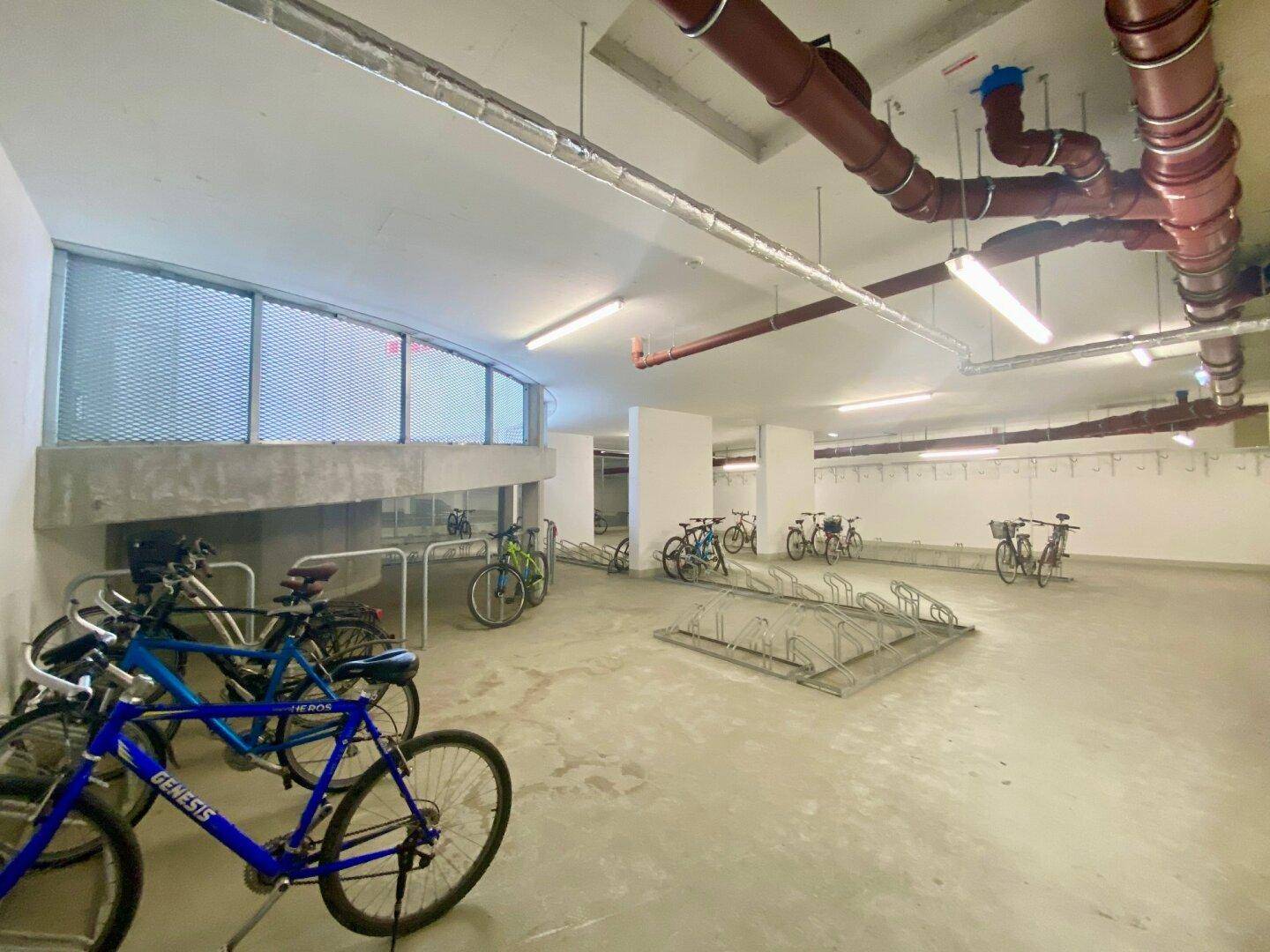 Geräumiger Fahrradraum in der Tiefgarage mit vielen Stellplätzen und natürlichem Lichteinfall durch Fenster.