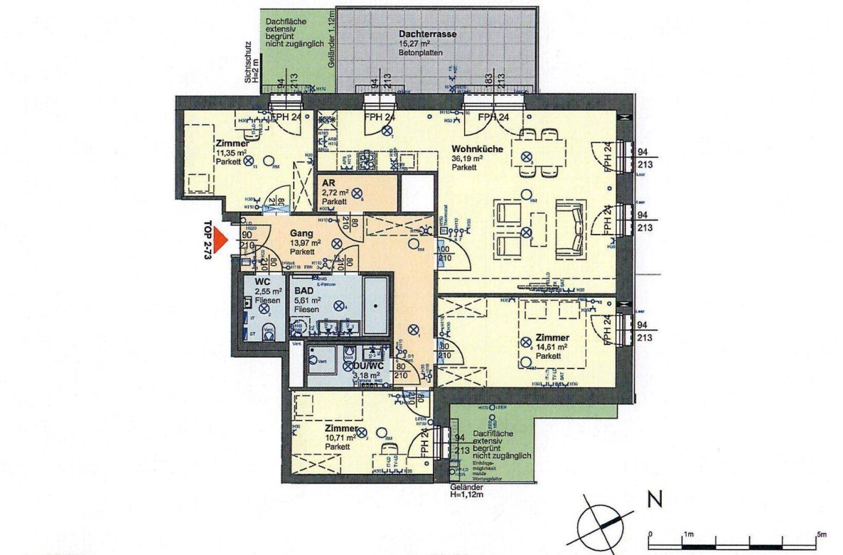 Detaillierter Grundriss der Wohnung mit mehreren Zimmern und Dachterrasse.