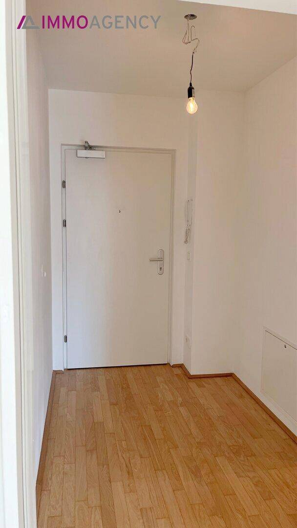 Heller Eingangsbereich mit Holzboden und weißer Wohnungstür.