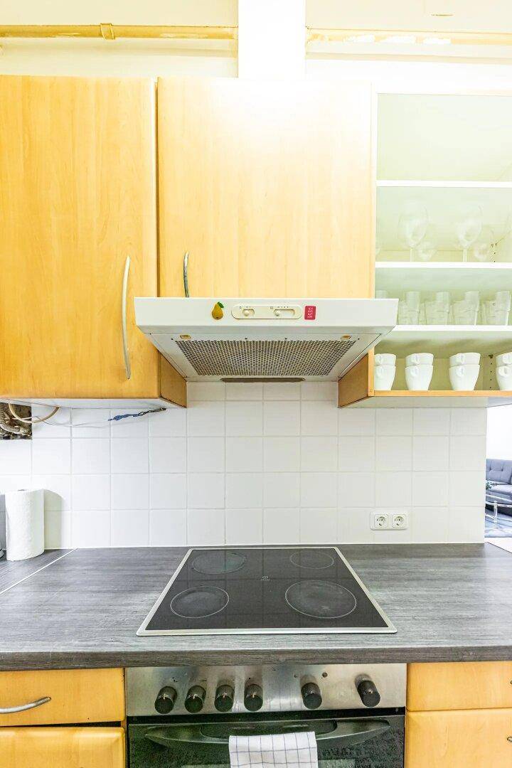 Nahaufnahme des Elektroherds und der Dunstabzugshaube in der Holzküche.