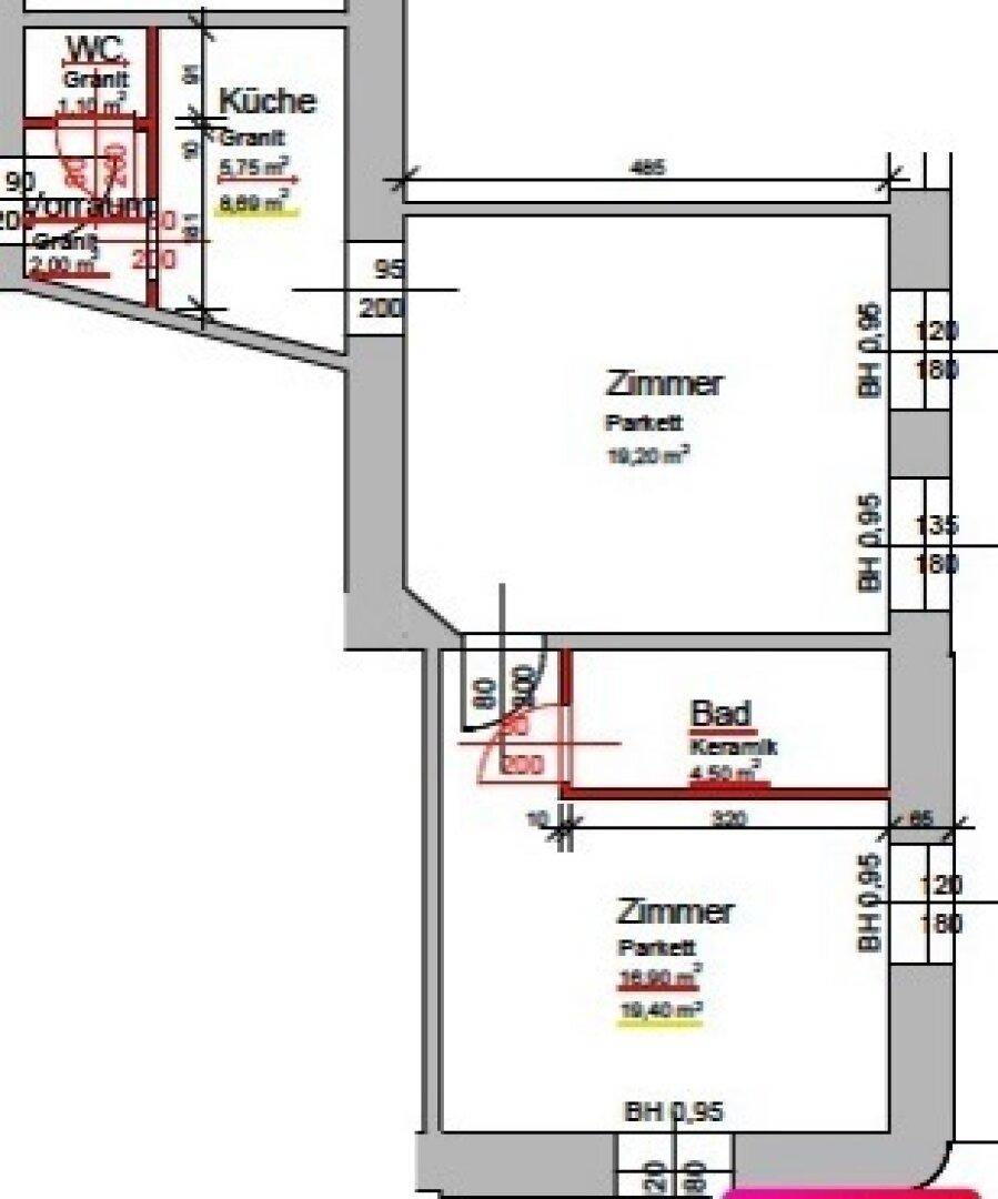 Grundriss zeigt die Aufteilung der Zimmer, Küche und Bäder mit Flächenangaben.