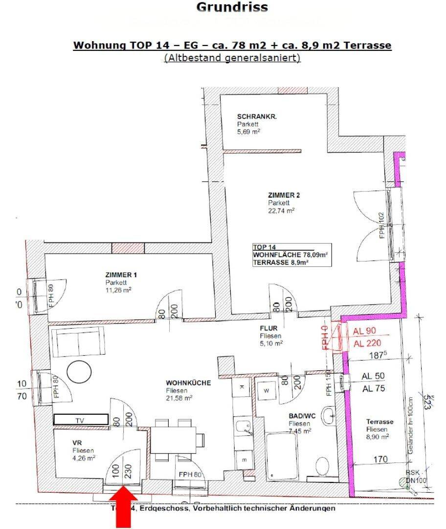 Grundriss der Wohnung TOP 14 im Erdgeschoss mit ca. 78 m² Wohnfläche und 8,9 m² Terrasse.