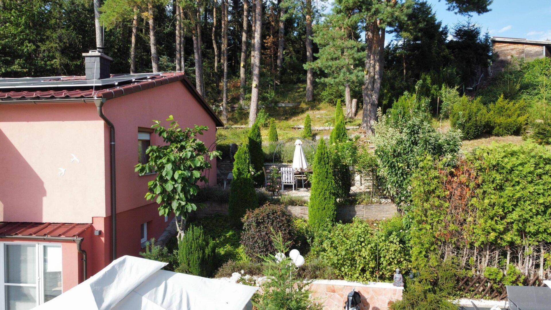 Gepflegter Gartenbereich hinter dem Haus mit einer weiteren Sitzgelegenheit und hohen Bäumen.