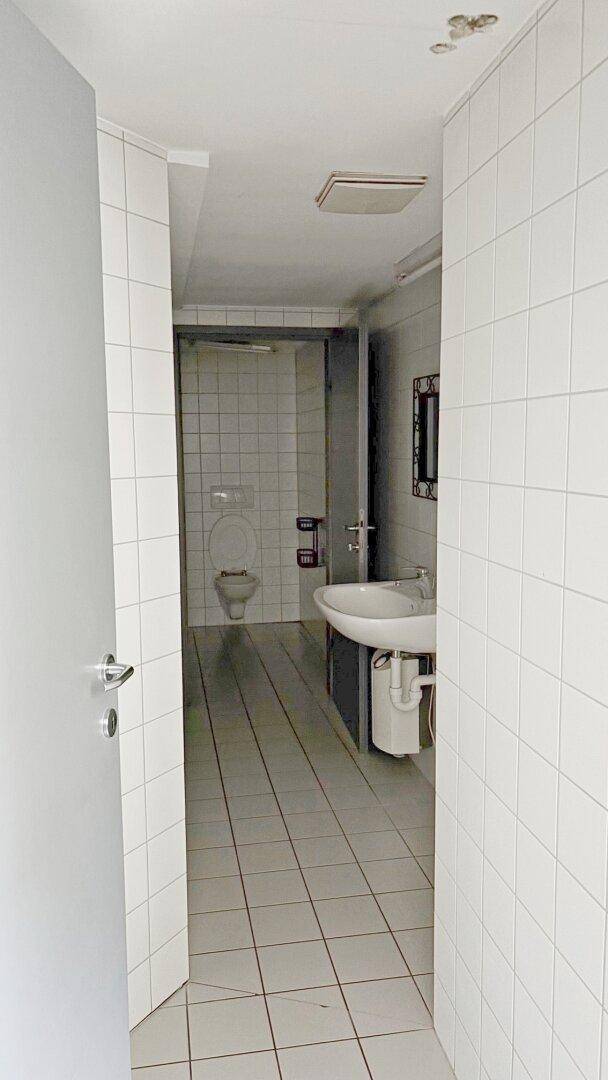 Gefliester Toilettenraum mit WC, Waschbecken und Spiegel.