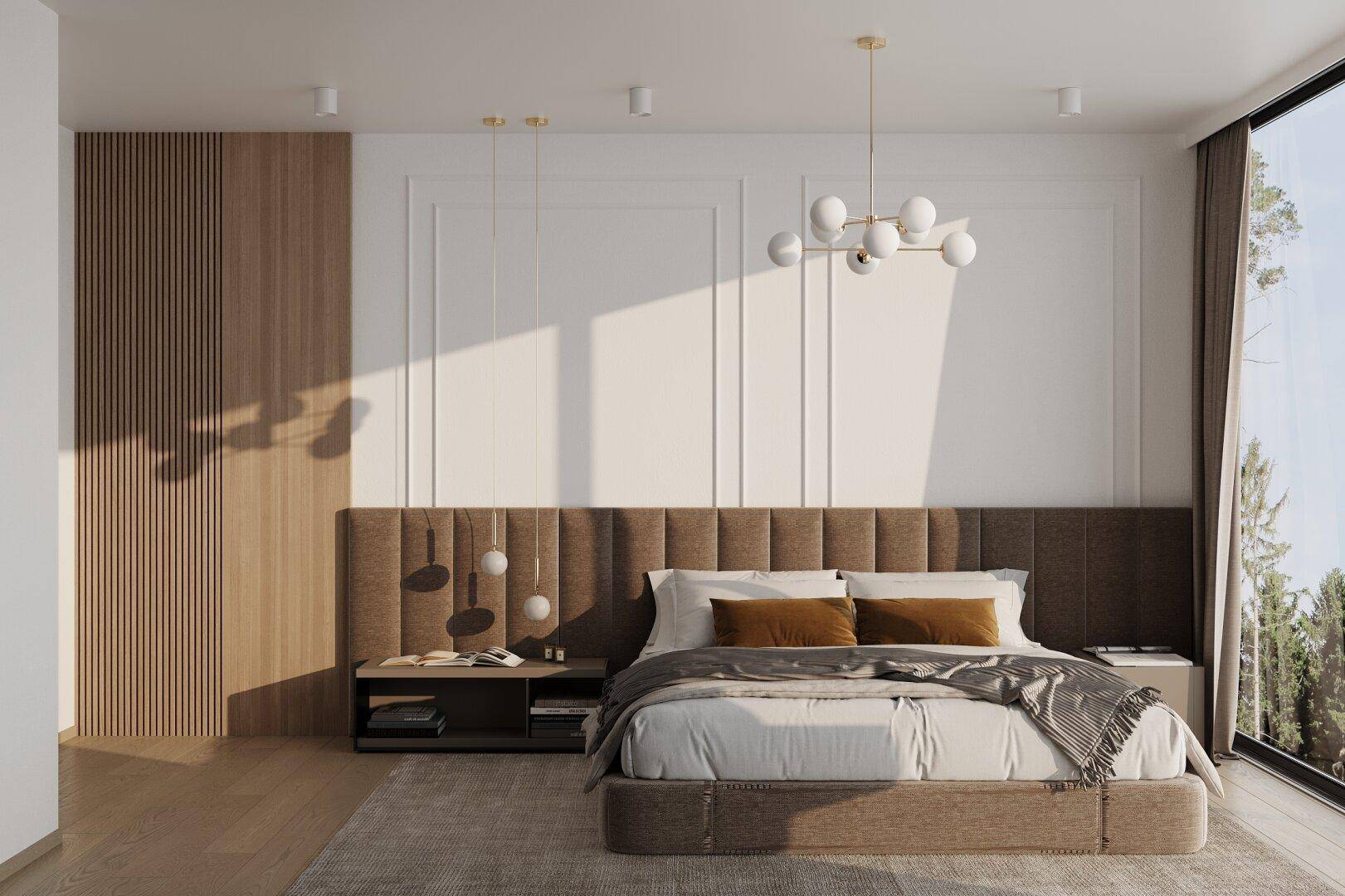Geräumiges Schlafzimmer mit großem Bett, Holzakzenten und viel natürlichem Licht.