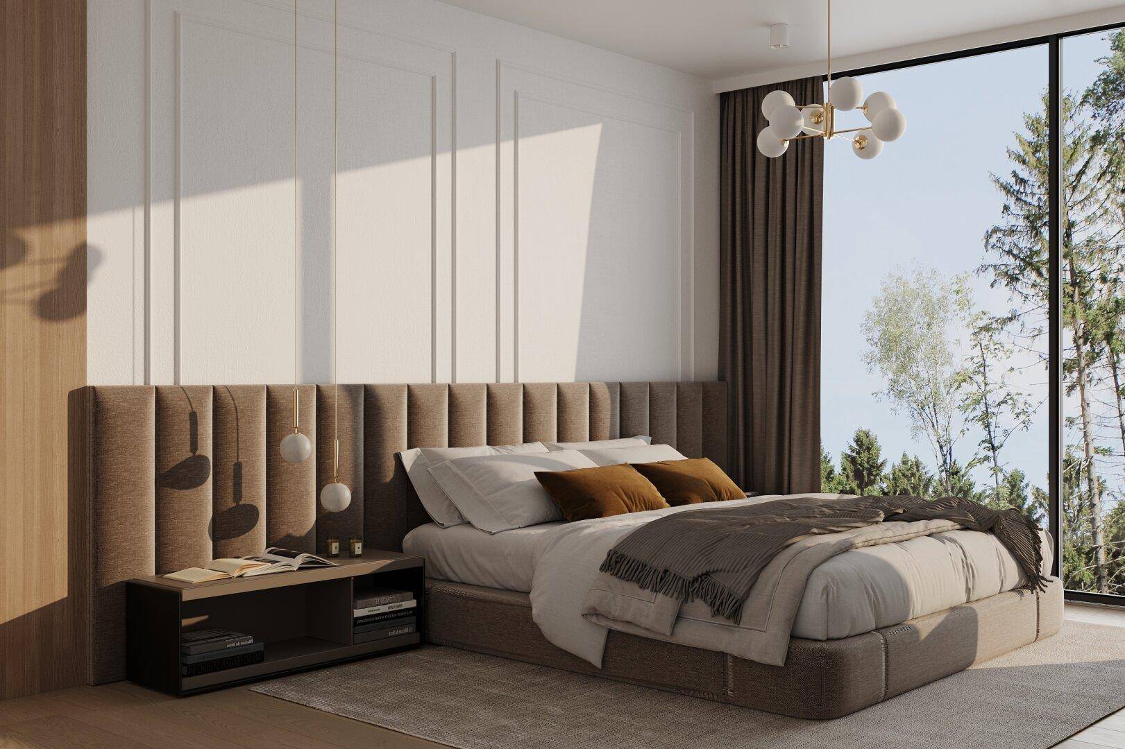 Helles Schlafzimmer mit modernem Design, bequemen Bett und Blick ins Grüne durch große Fenster.