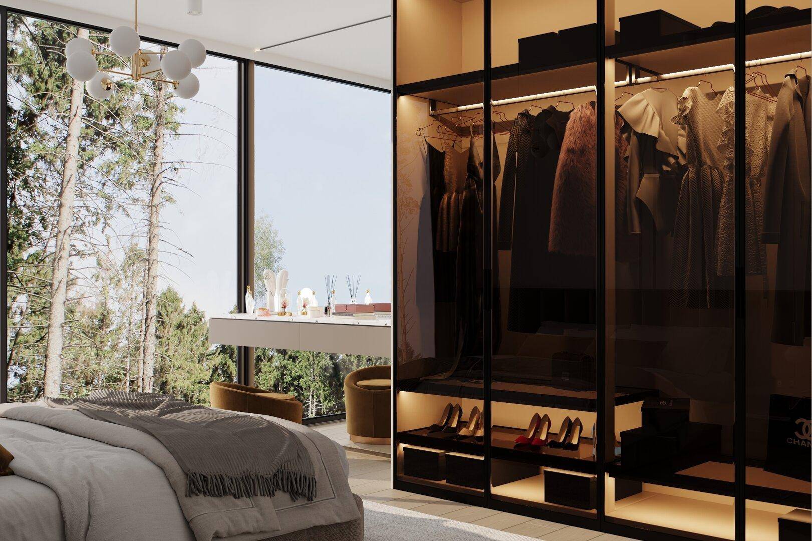 Elegantes Schlafzimmer mit integriertem begehbarem Kleiderschrank und weitem Ausblick.