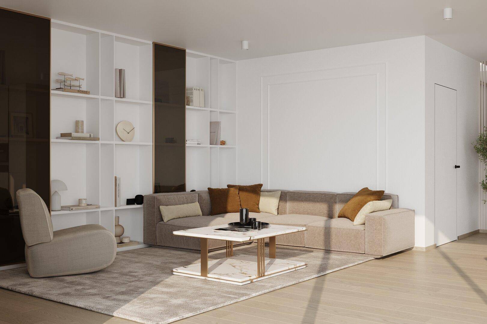 Geräumiges Wohnzimmer mit bequemer Couch, elegantem Couchtisch und integrierten Regalen.
