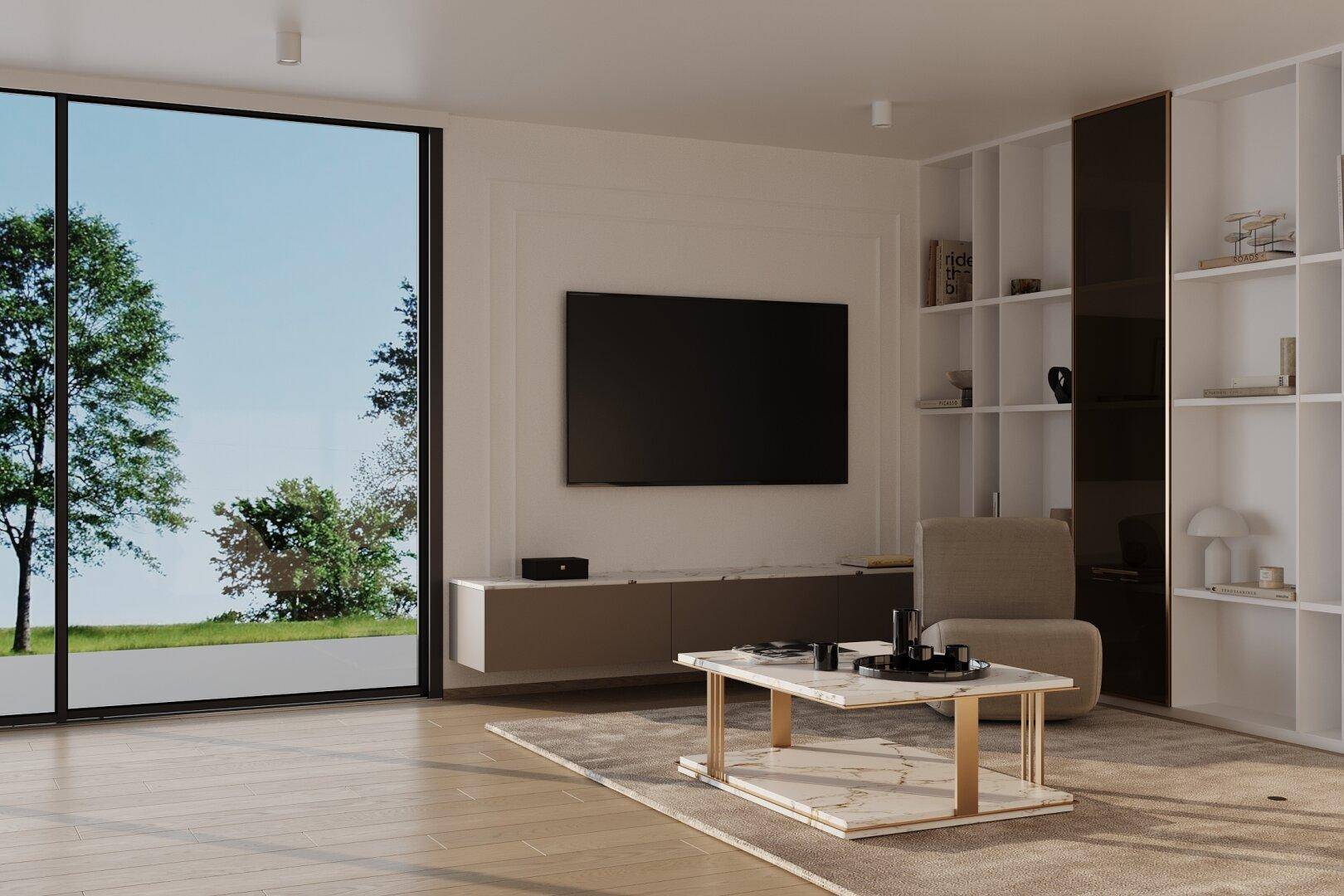 Modernes Wohnzimmer mit großem Fernseher, stilvollem Couchtisch und Blick ins Grüne.