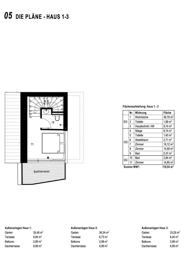 Grundriss des Dachgeschosses mit einem Zimmer, Bad und Dachterrasse.