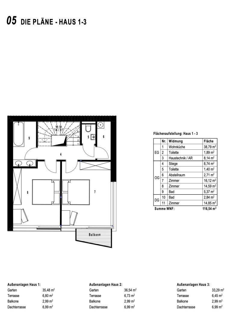Grundriss des Obergeschosses mit zwei Zimmern, Bad und Balkon.