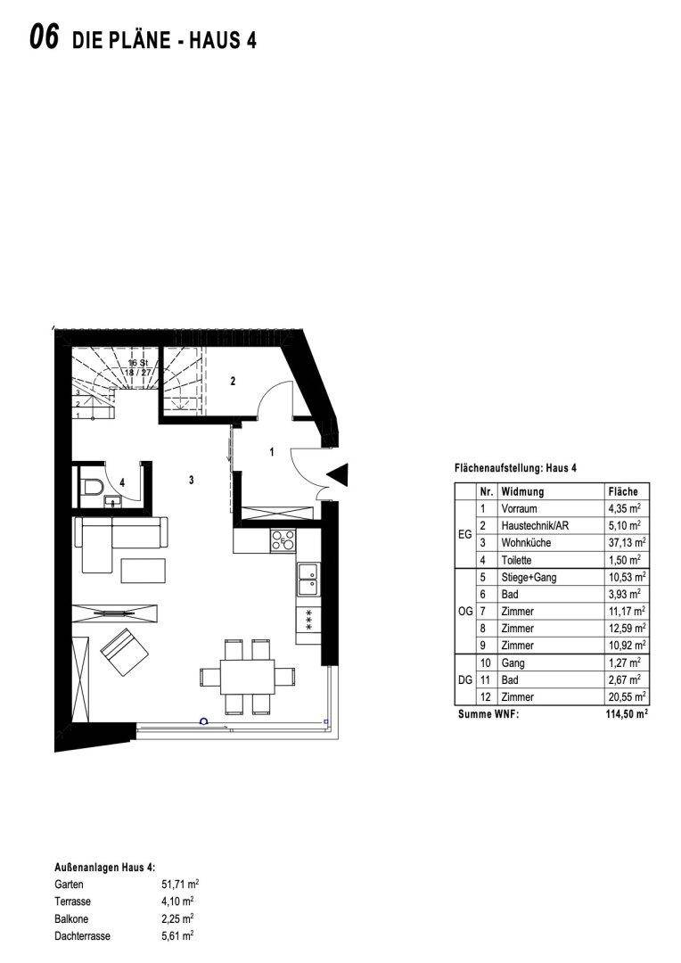Grundriss des Erdgeschosses von Haus 4 mit Wohnküche, Vorraum und Toilette.