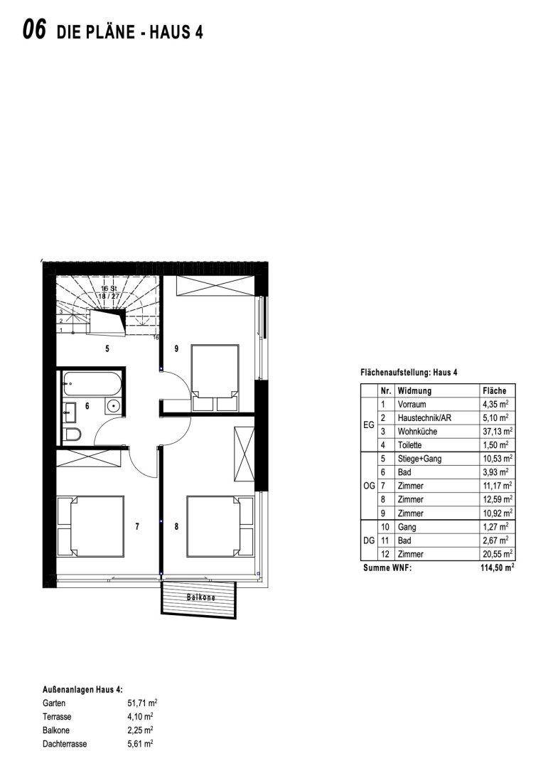 Grundriss des Obergeschosses von Haus 4 mit drei Schlafzimmern und einem Badezimmer.