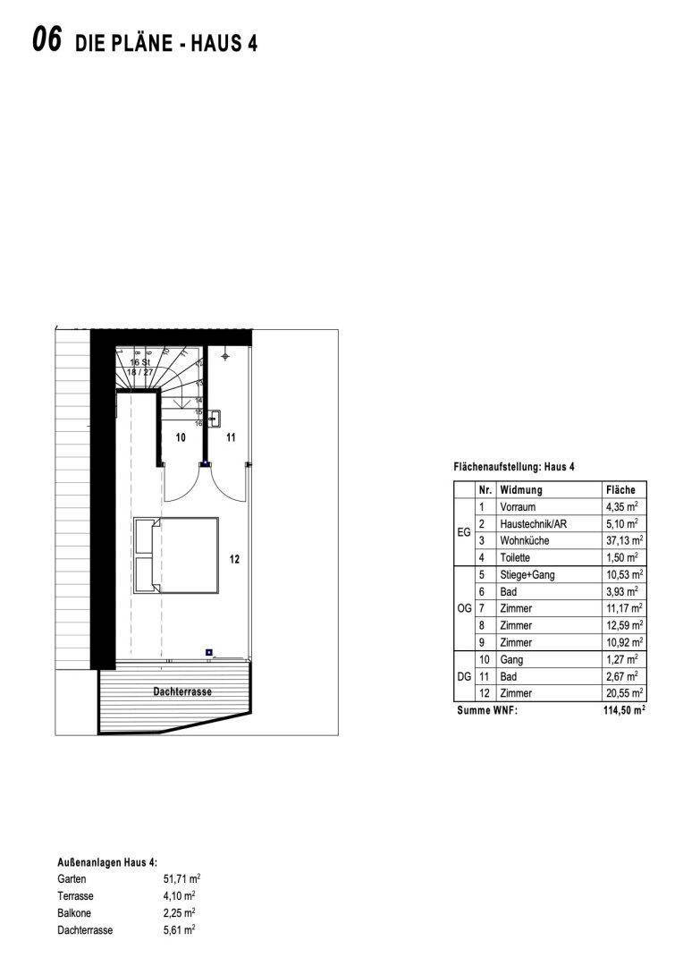 Grundriss des Dachgeschosses von Haus 4 mit einem Zimmer, Bad und Dachterrasse.
