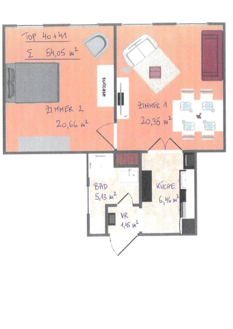 Handgezeichneter Grundriss einer Wohnung mit zwei Zimmern, Bad und Küche.