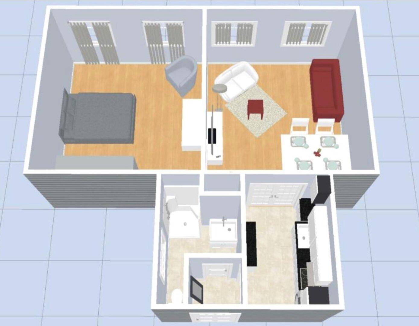 3D-Visualisierung eines Grundrisses mit möblierten Wohn- und Schlafbereichen sowie Küche.