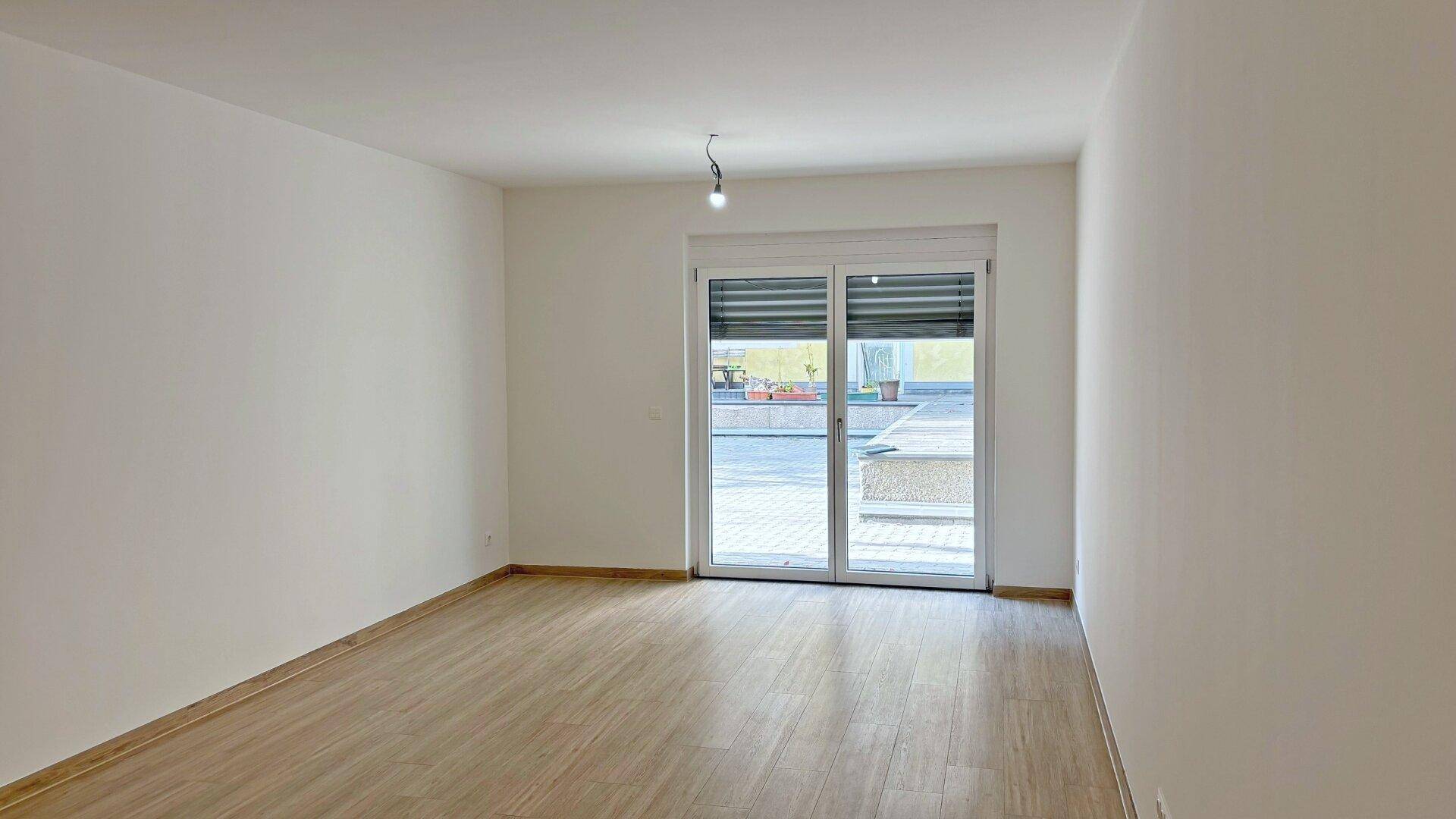 Leerer Raum mit hellem Holzimitatboden und großer Glastür, die auf einen gepflasterten Außenbereich führt.