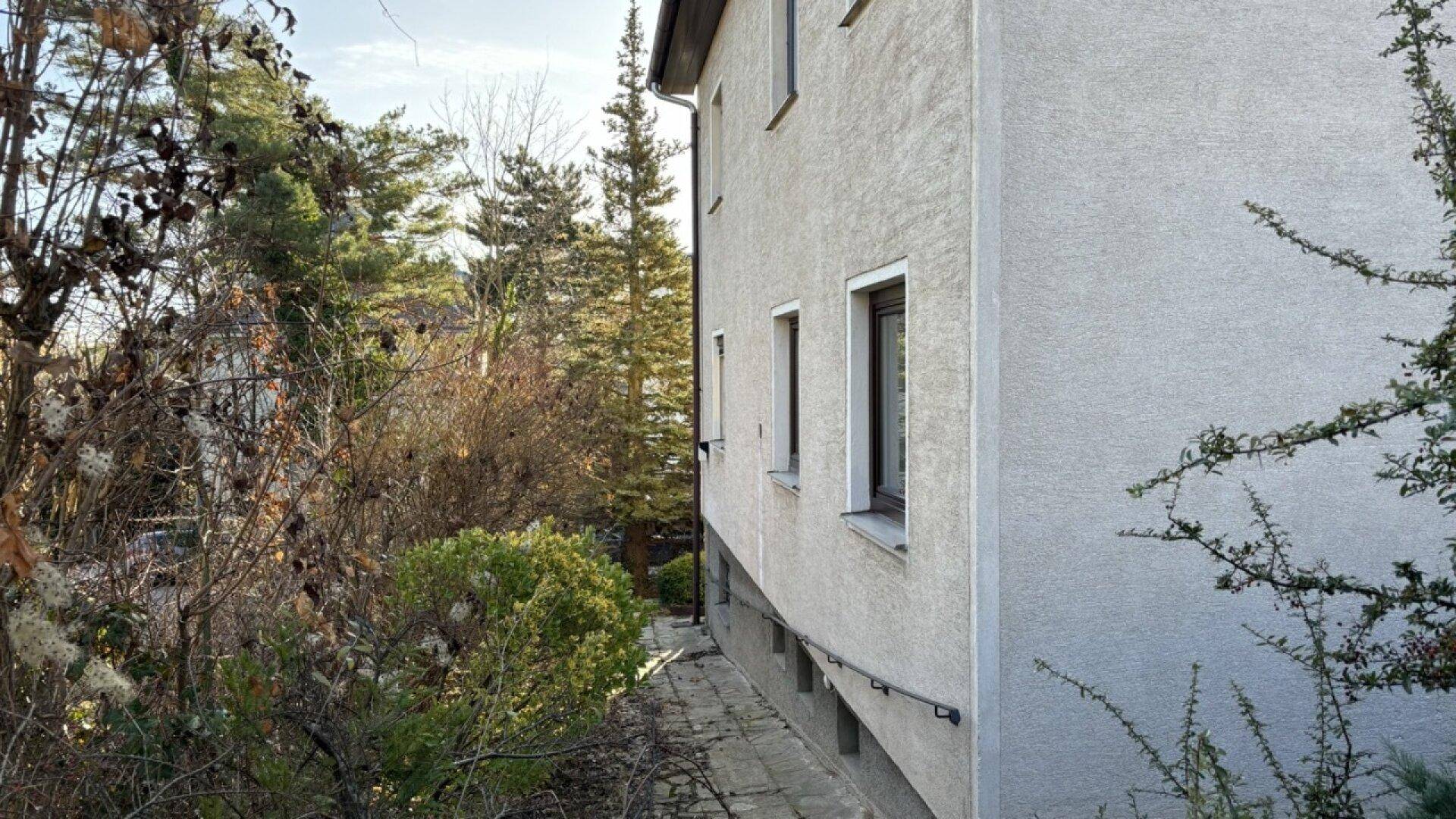 Seitenansicht des Hauses mit einem gepflasterten Weg und dichter Vegetation im Sonnenlicht.