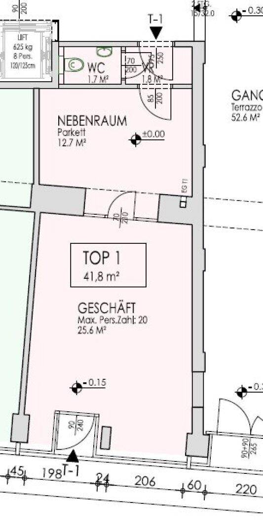 Grundriss des Geschäftsraums TOP 1 mit 41,8 m² und einem Nebenraum von 12,7 m².