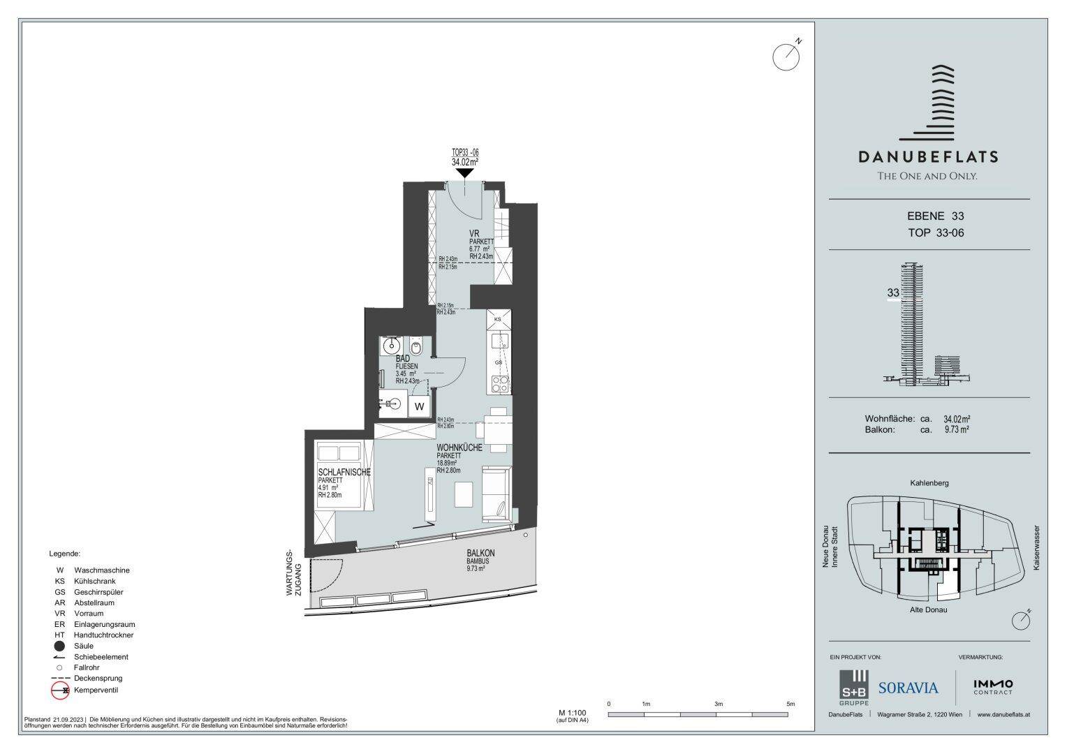 Grundriss einer Wohnung im 33. Stock mit Balkon, Schlafzimmer und offenem Wohnbereich.
