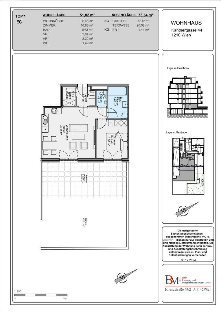 Detaillierter Grundriss der Wohnung mit Wohnküche, Schlafzimmer und Zugang zu Garten und Terrasse.