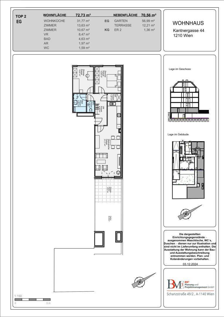 Detaillierter Grundriss einer Erdgeschosswohnung mit Wohnküche, Zimmern und Gartenanteil.