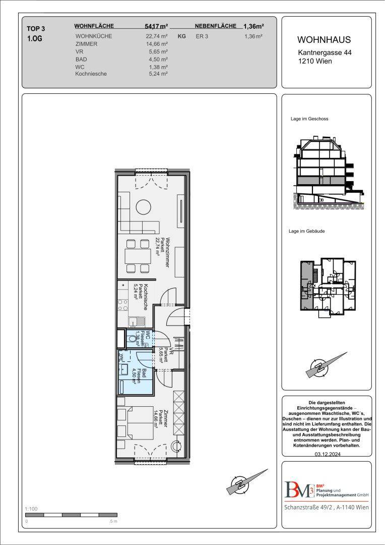 Grundriss der Wohnung Top 3 mit Wohnküche, Schlafzimmer und Bad auf 54,17 m².