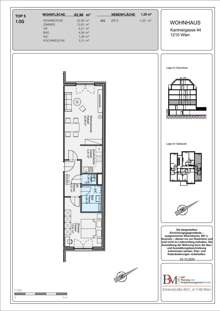 Grundriss der Wohnung Top 5 im ersten Obergeschoss mit 52,98 m² Wohnfläche.