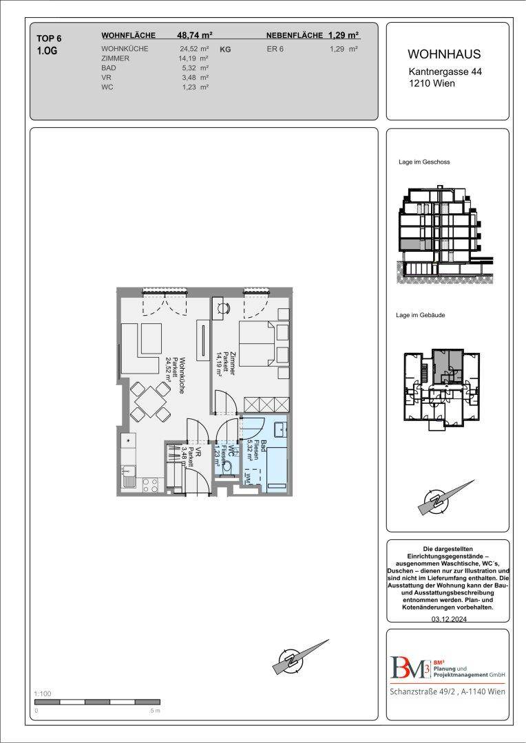 Grundriss einer 48,74 m² Wohnung mit Wohnküche, Schlafzimmer und Bad.