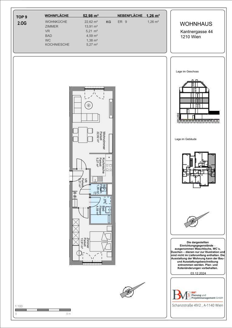 Detaillierter Grundriss einer 52,98 m² großen Wohnung mit Wohnküche und Schlafzimmer.
