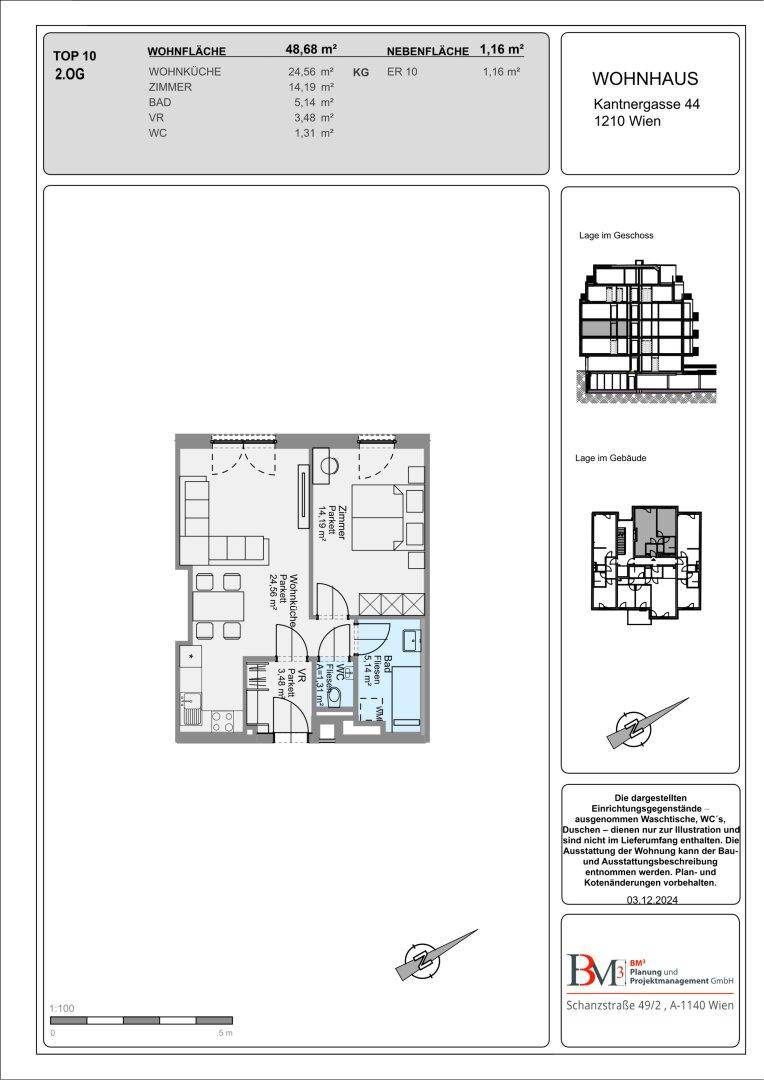 Grundriss einer 48,68 m² großen Wohnung mit Wohnküche, Schlafzimmer und Bad.