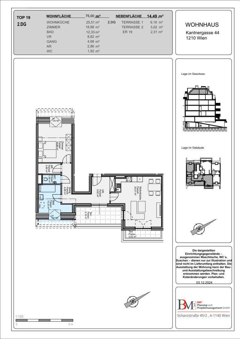 Grundriss der Wohnung TOP 19 im 2. Dachgeschoss mit offenem Wohnbereich, Schlafzimmer, Bad und zwei Terrassen.