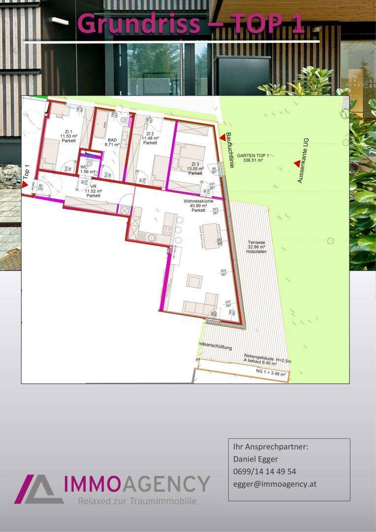 Grundriss für Top 1 zeigt die Raumaufteilung mit Wohnbereich, Schlafzimmern und Terrasse.