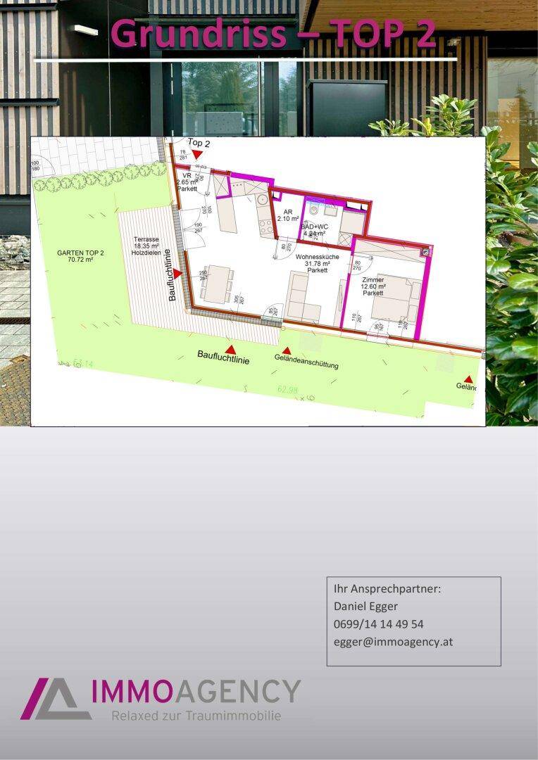 Grundriss einer Wohnung mit offenem Wohnbereich, Terrasse und privatem Garten.