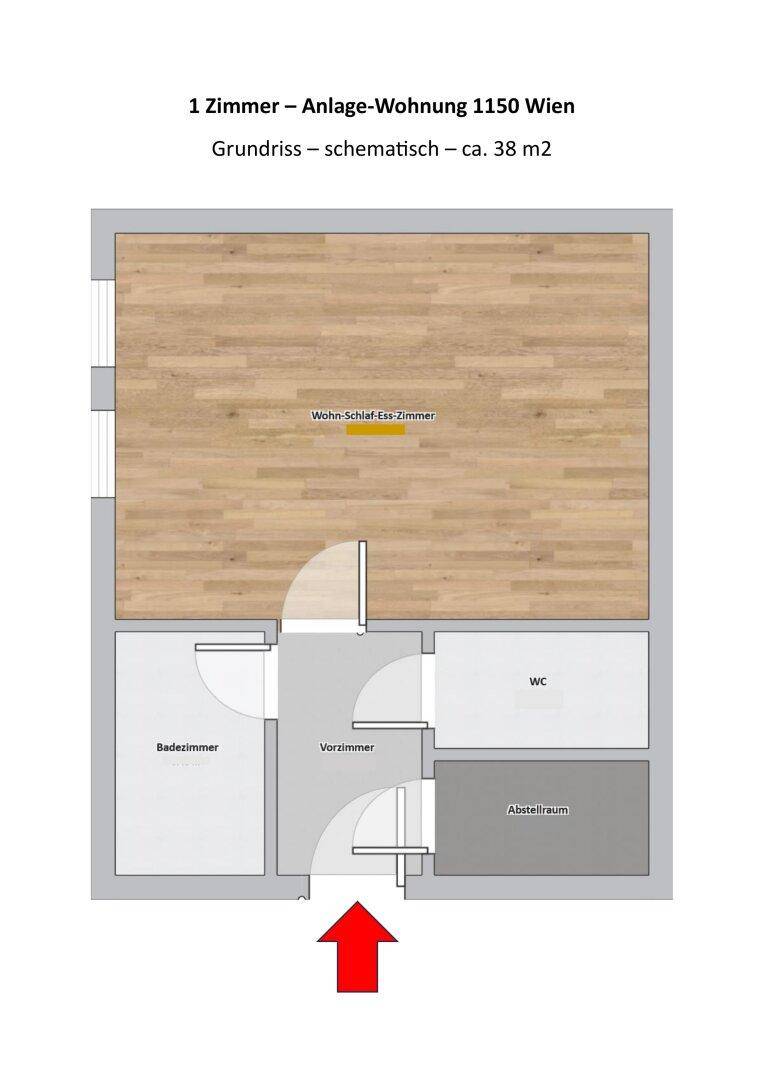 Schematischer Grundriss einer 1-Zimmer-Anlage-Wohnung mit ca. 38 m².