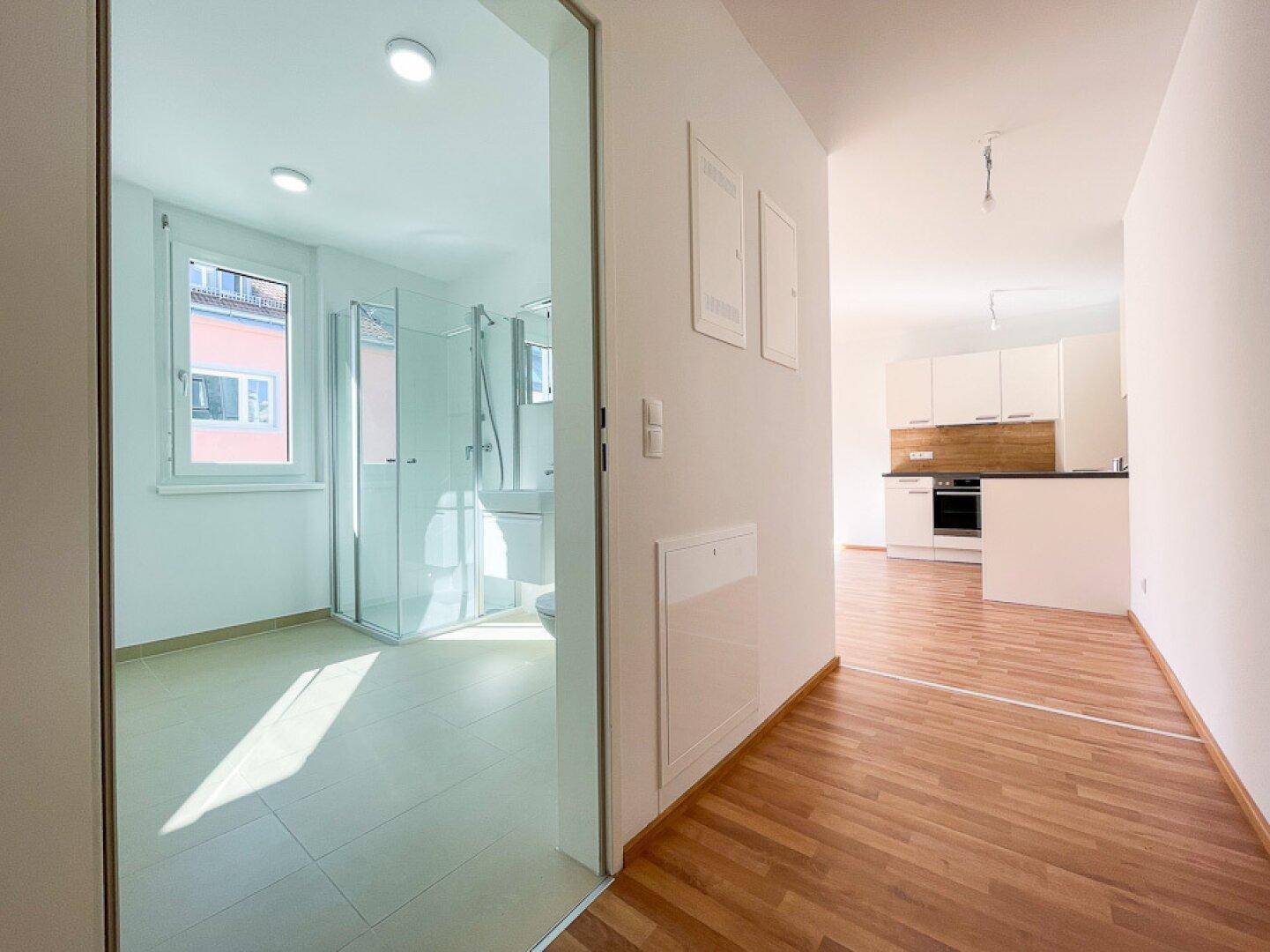 Heller Flur mit Holzfußboden, der zu einem modernen Badezimmer und Wohnbereich führt.