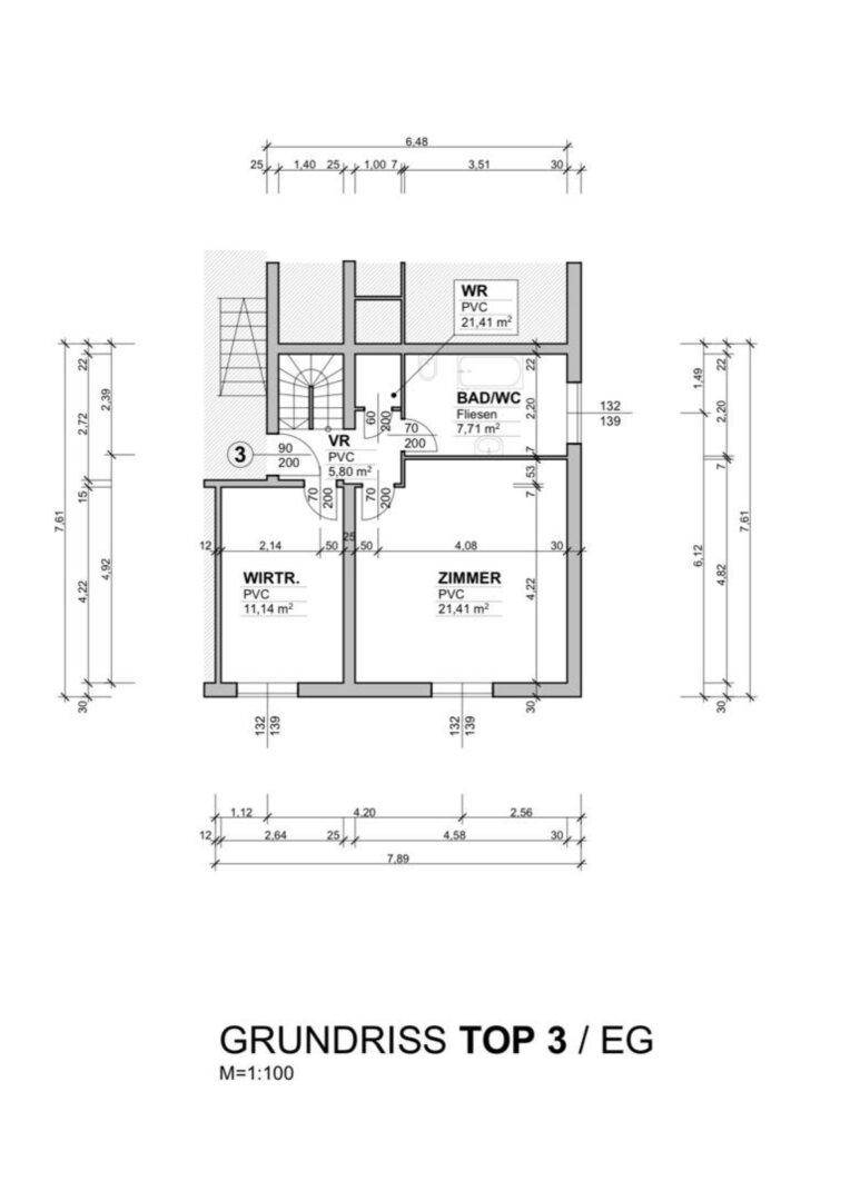 Grundriss des Erdgeschosses mit Bad/WC, Zimmer und Wirtschaftsraum.